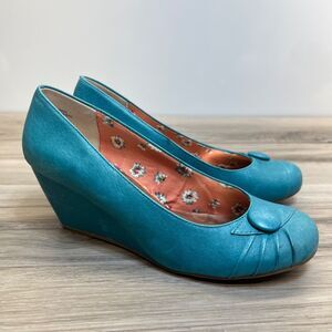 Seychelles Shoes Teal Blue Fabric Wedge Womens Size 9.5